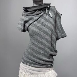 Women's Metallic Gray Striped Short-Sleeve Sweater
